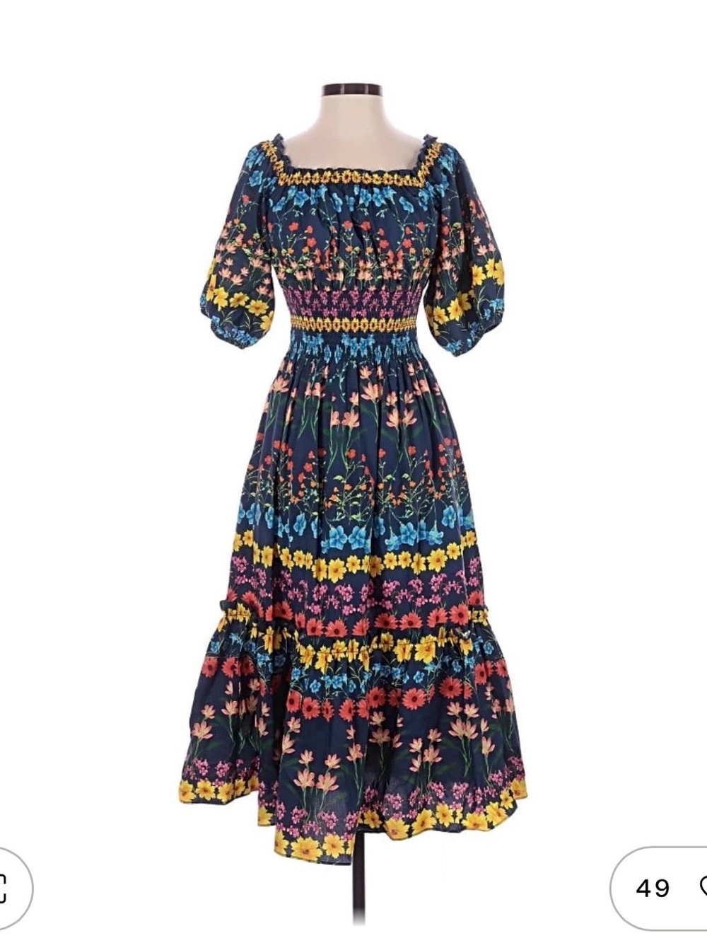 Cara Cara Navy Floral Square Neck/Off the Shouldsr Smocked Dress